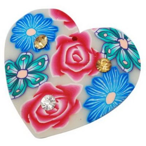 Heart FIMO Pendant, Colorful Patterned Charm with Small Crystals, 38x35 mm -2 pieces