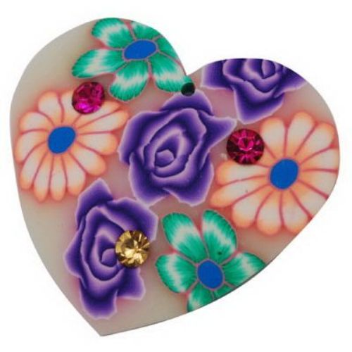 FIMO Heart Pendant, Colorful Patterned Charm with Small Crystals, 28x26 mm -2 pieces