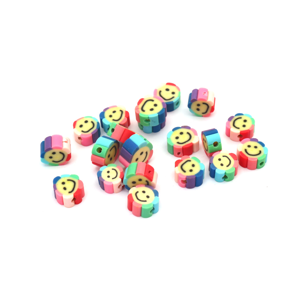 FIMO Elements for Decoration: Smiley Face Flower / 10x5 mm,  Hole: 2 mm / Color: Rainbow - 20 pieces