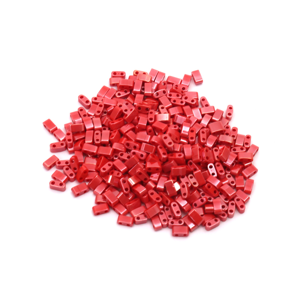 Мъниста стъклена тип MIYUKI Half TILA 5x2.3x1.9 мм дупка 0.75~0.85 мм цейлон перлена червена -4 грама ~85 броя
