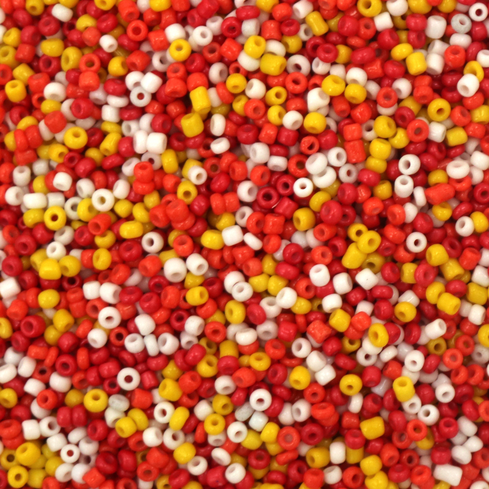 Glass Seed Beads / 2 mm / Opaque White, Yellow, Orange and Red MIX - 50 grams ~ 3670 pieces