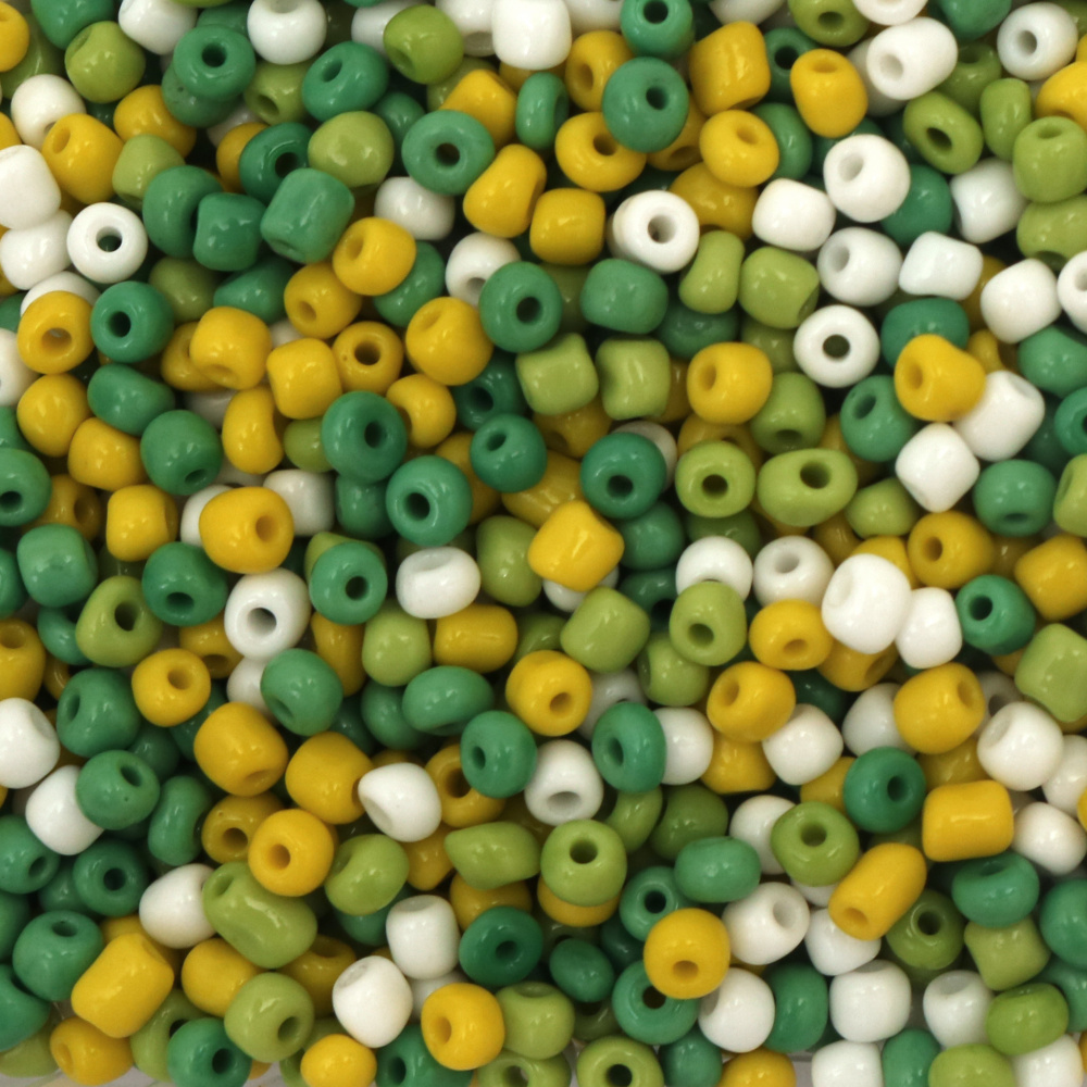 Glass seed beads 4 mm thick mix white yellow lime and green -50 grams ~575 pieces