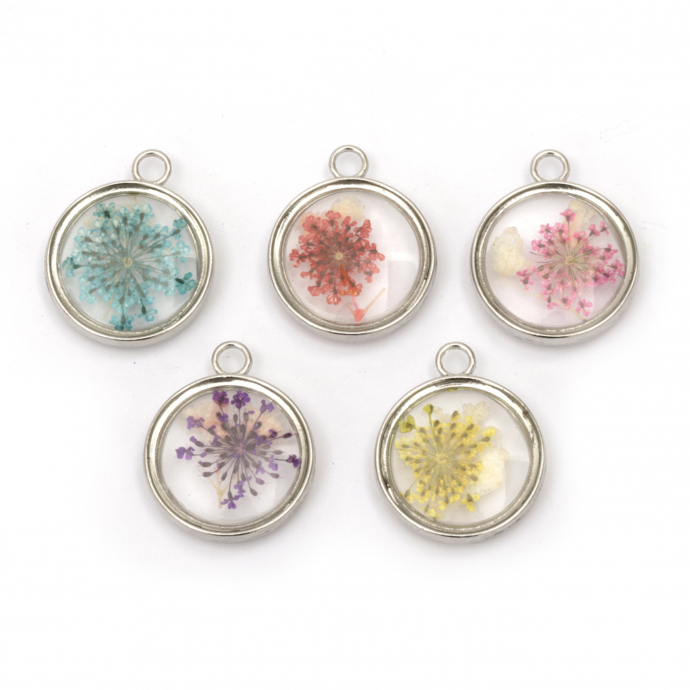 Clear glass pendant with real dried flowers, round for jewelry necklace craft making 34x28x9 mm hole 4 mm mix