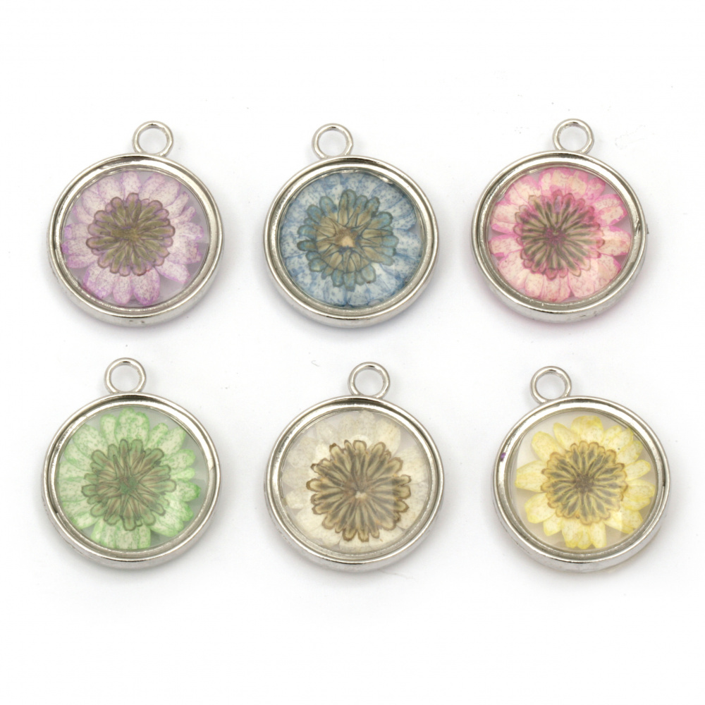 Glass floral pendants with built-in dried natural flowers 34x28x9 mm hole 4 mm mix