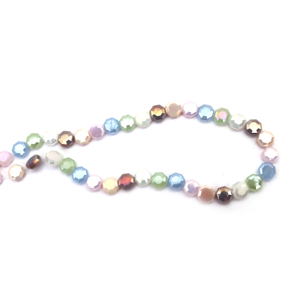 Наниз от кристални мъниста 8x4 мм дупка 1.5 мм фасетиран плътен с AB покритие цвят перлен МИКС ~40 броя