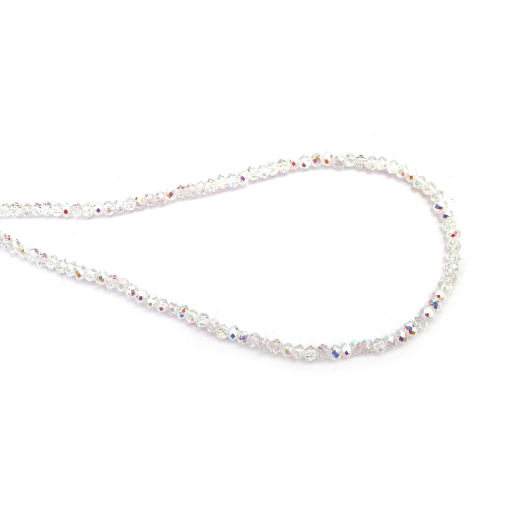 Наниз от кристални мъниста 4x3 мм дупка 1 мм фасетиран прозрачен с AB покритие цвят бял дъга ~150 броя