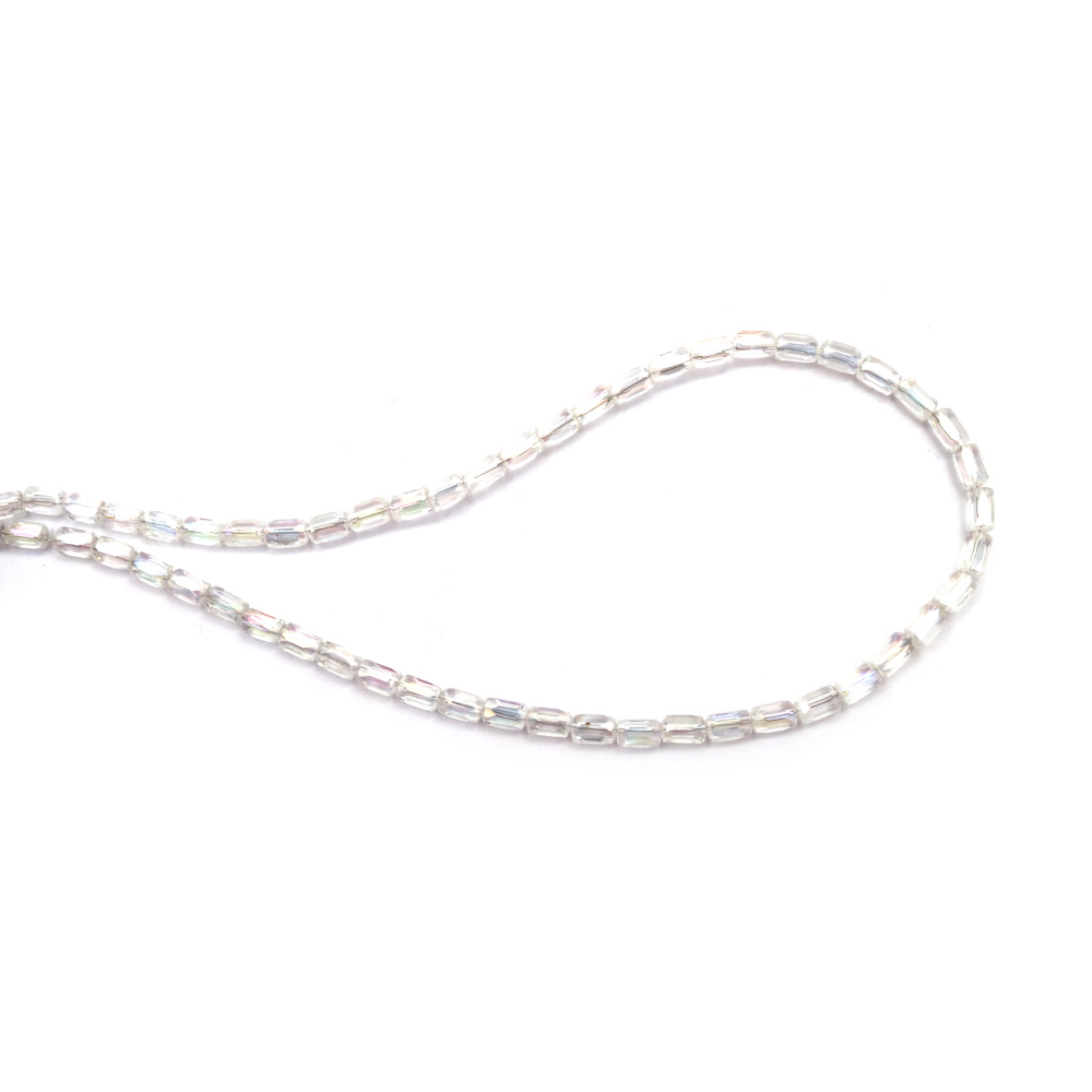 Наниз от кристални мъниста цилиндър 4x6 мм дупка 1 мм фасетиран прозрачен с AB покритие цвят бял дъга ~80 броя