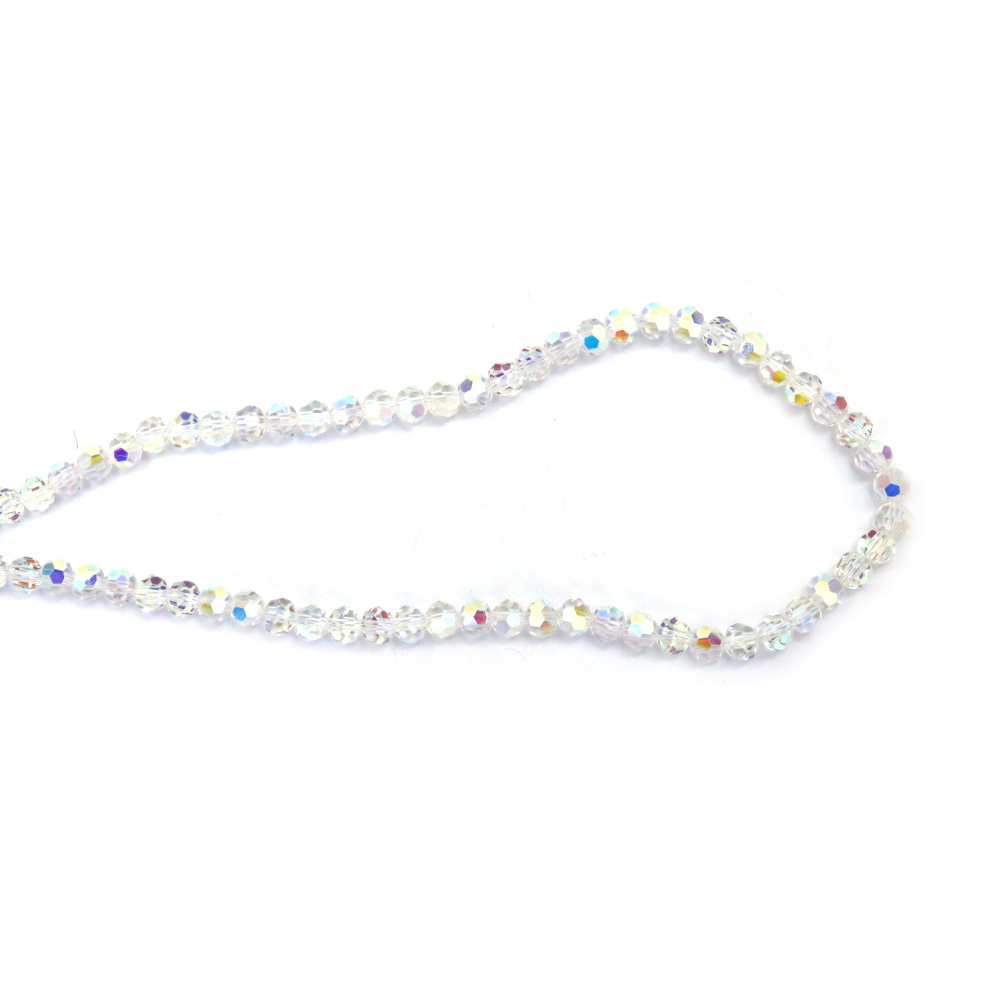Șir de mărgele cristaline poliedrice 6x5 mm, gaură 1 mm, fațetate, transparente, galvanizate cu strat AB, culoare alb curcubeu ~95 bucăți 