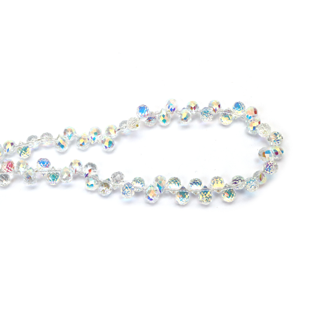 Șir de mărgele cristaline, picătură 8x11 mm, gaură 1 mm, fațetate, transparente, galvanizate cu strat AB, culoare alb curcubeu ~95 bucăți 