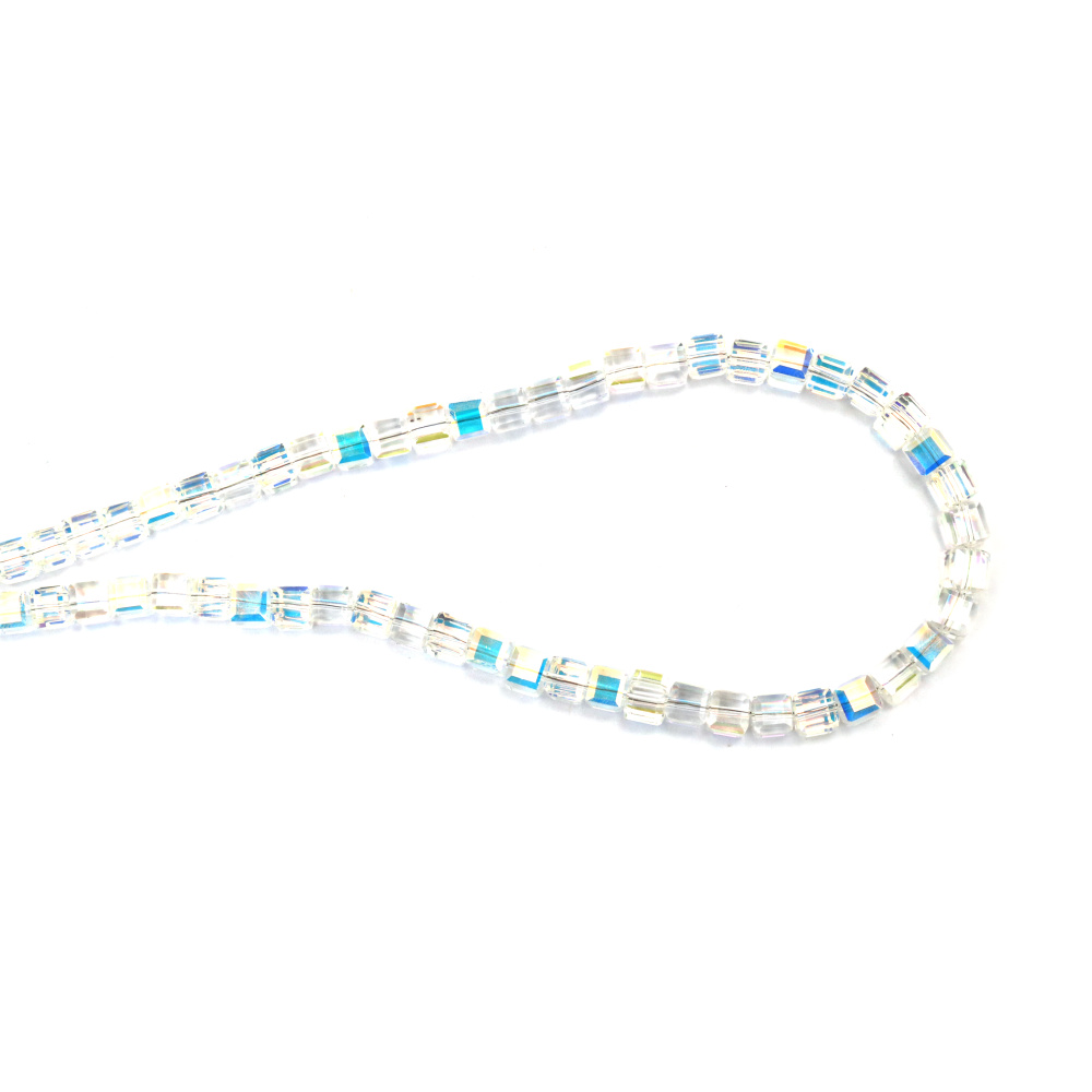 Șir de mărgele cristaline cub 7x7x7 mm gaură 1 mm fațetate transparente galvanizate cu strat AB culoare alb curcubeu ~100 bucăți 