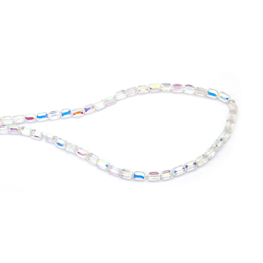 Șir de mărgele cristaline cilindrice 6x8 mm, gaură 1 mm, fațetate, galvanizate transparente cu strat AB, culoare alb curcubeu ~80 bucăți 