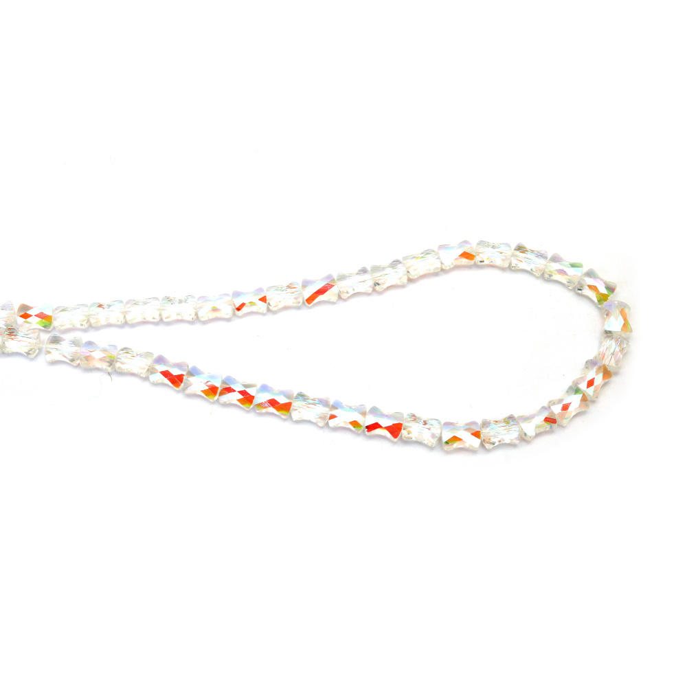 Șir de mărgele cristaline 8x10x6 mm, gaură 1 mm, fațetate, transparente, galvanizate cu strat AB, culoare alb curcubeu ~60 bucăți 