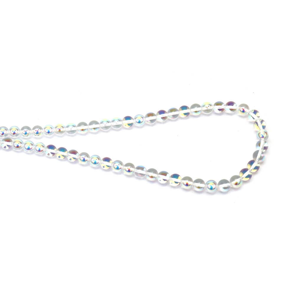 Bilă de mărgele de sticlă, 6 mm, gaură 1 mm, transparent galvanizat cu strat AB, culoare alb curcubeu ~67 bucăți 