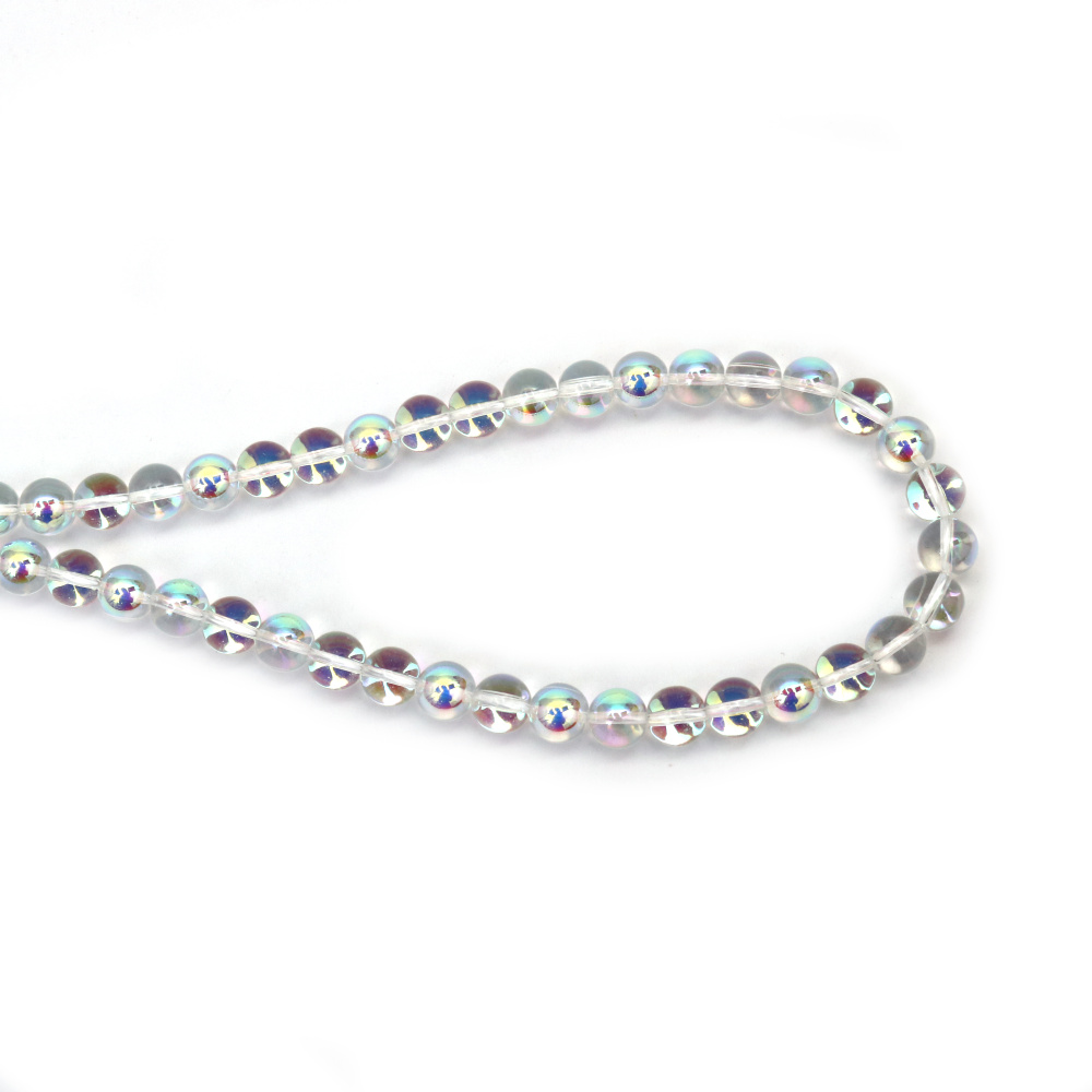Șir de mărgele de sticlă, bilă 8 mm, gaură 1,5 mm, transparent, galvanizat cu strat AB, culoare alb curcubeu ~50 bucăți 
