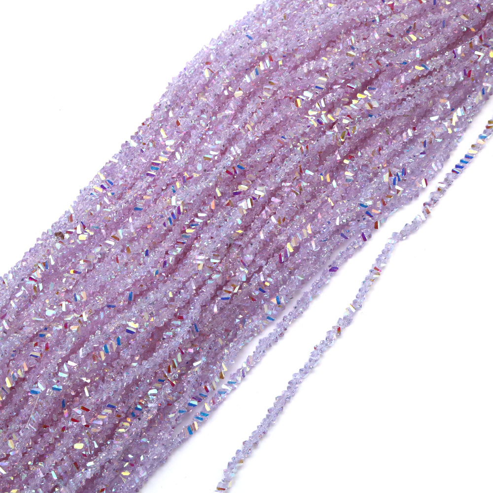 Наниз от кристални мъниста 3x4x3 мм дупка 1 мм качесто A фасетиран прозрачен с AB покритие цвят бял дъга ~130 броя