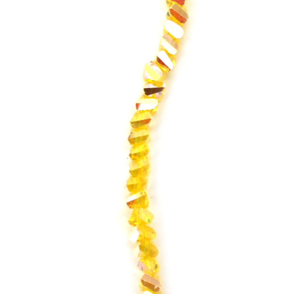 Наниз от кристални мъниста 3x4x3 мм дупка 1 мм фасетиран прозрачен с AB покритие цвят жълт дъга ~138 броя