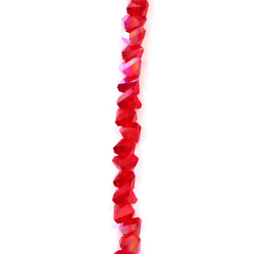 Наниз от кристални мъниста 3x4x3 мм дупка 1 мм фасетиран прозрачен с AB покритие цвят червен дъга ~125 броя