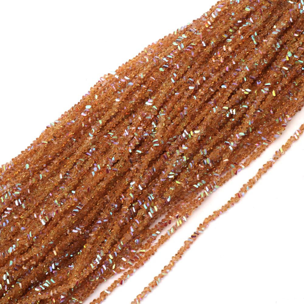 Наниз от кристални мъниста 3x4x3 мм дупка 1 мм фасетиран прозрачен с AB покритие цвят карамел дъга ~130 броя