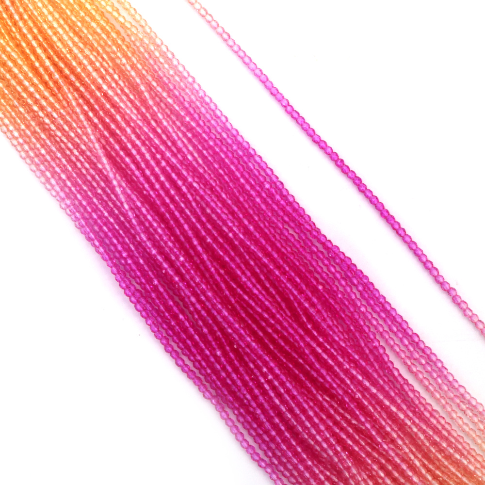 Наниз от кристални мъниста топче 2 мм дупка 1 мм фасетиран прозрачен два цвята цикламен и жълт ~180 броя