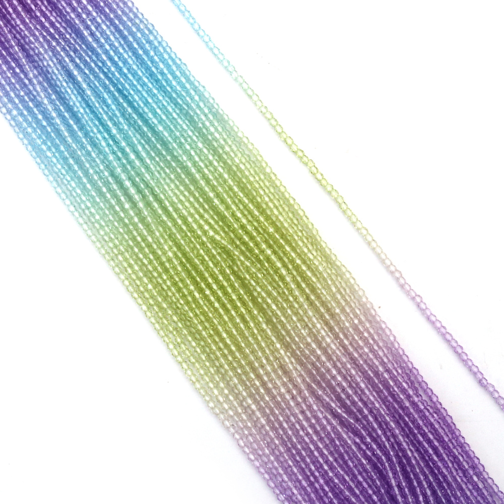 Șir de mărgele de cristal, bilă 2 mm, gaură 1 mm, fațetate, transparente, trei culori, verde deschis, violet și albastru deschis ~180 bucăți
