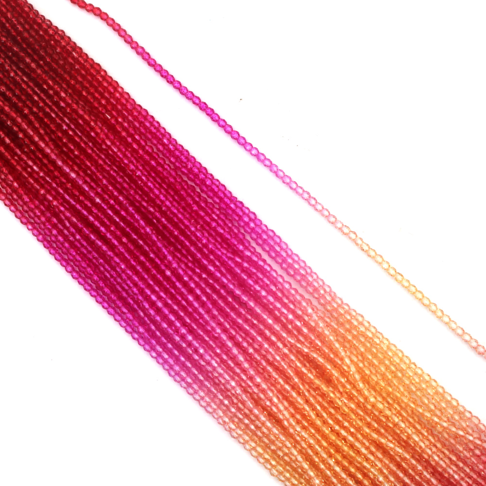 Наниз от кристални мъниста топче 2 мм дупка 1 мм фасетиран прозрачен три цвята жълт червен и цикламен ~180 броя