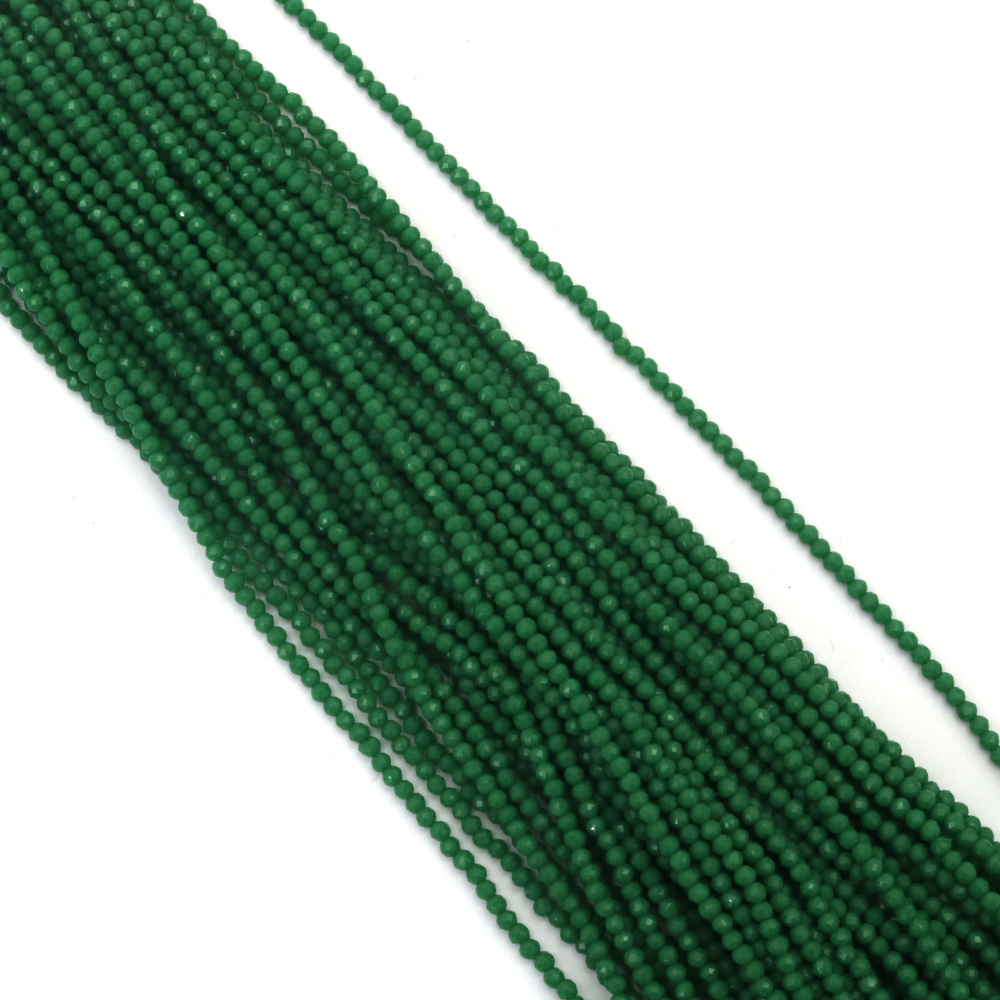 Наниз от кристални мъниста топче 3 мм дупка 1 мм фасетиран плътен цвят тъмно зелен ~140 броя