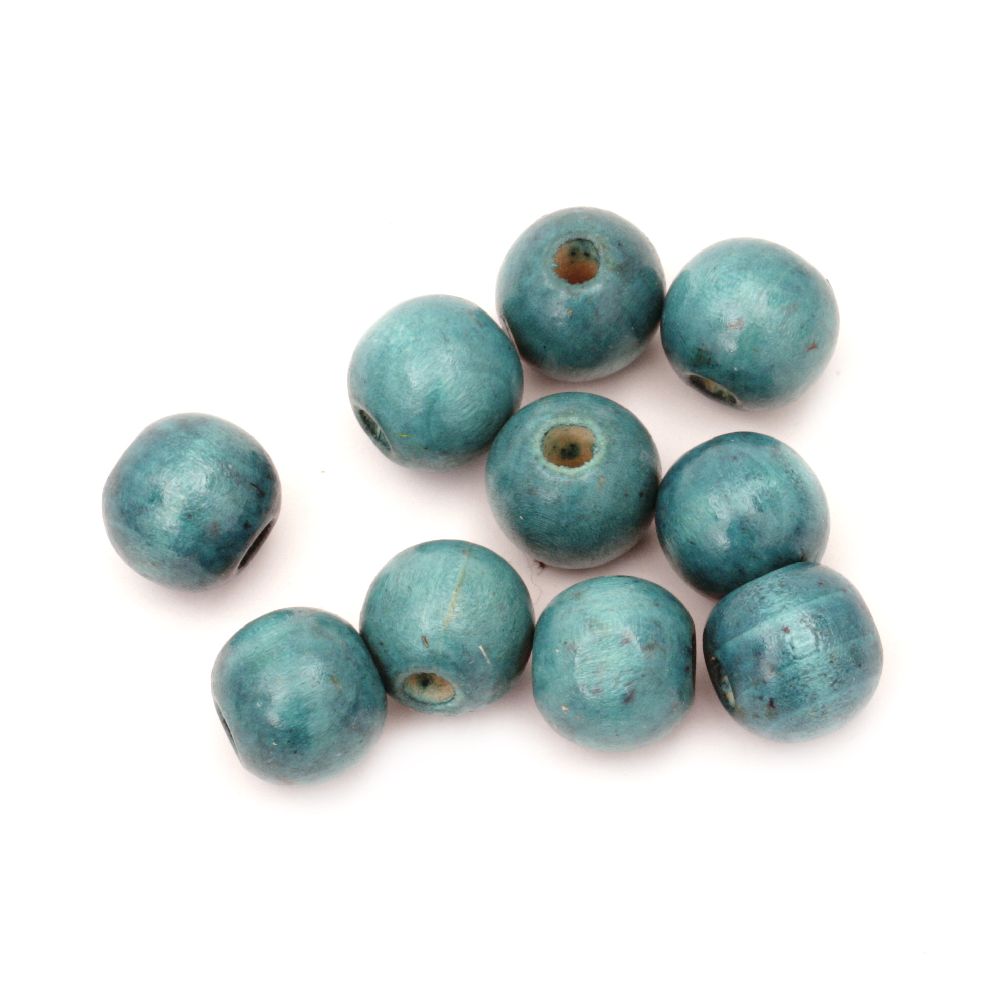 Wooden round bead for decoration 14x16 mm hole 4 mm turquoise - 50 grams ~ 38 pieces