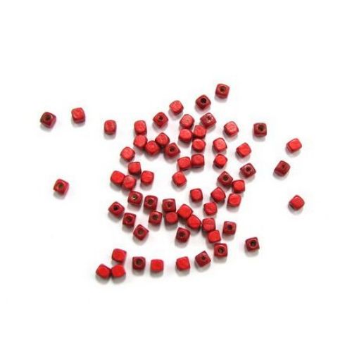Wood Beads, Cube, Red, 4mm, hole 1.5mm, 20 grams ~ 320 pcs