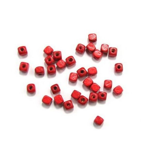 Wood Beads, Cube, Red, 5mm, hole 2mm, Grade A, 50 grams ~ 300 pcs