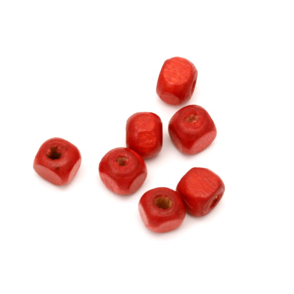 Wood Beads, Cube, Red, 6mm, hole 2mm, 20 grams ~ 100 pcs