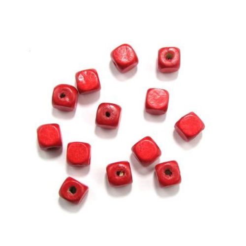 Wood Beads, Cube, Red, 10x10 mm, hole 3 mm, 50 grams ~ 95 pcs