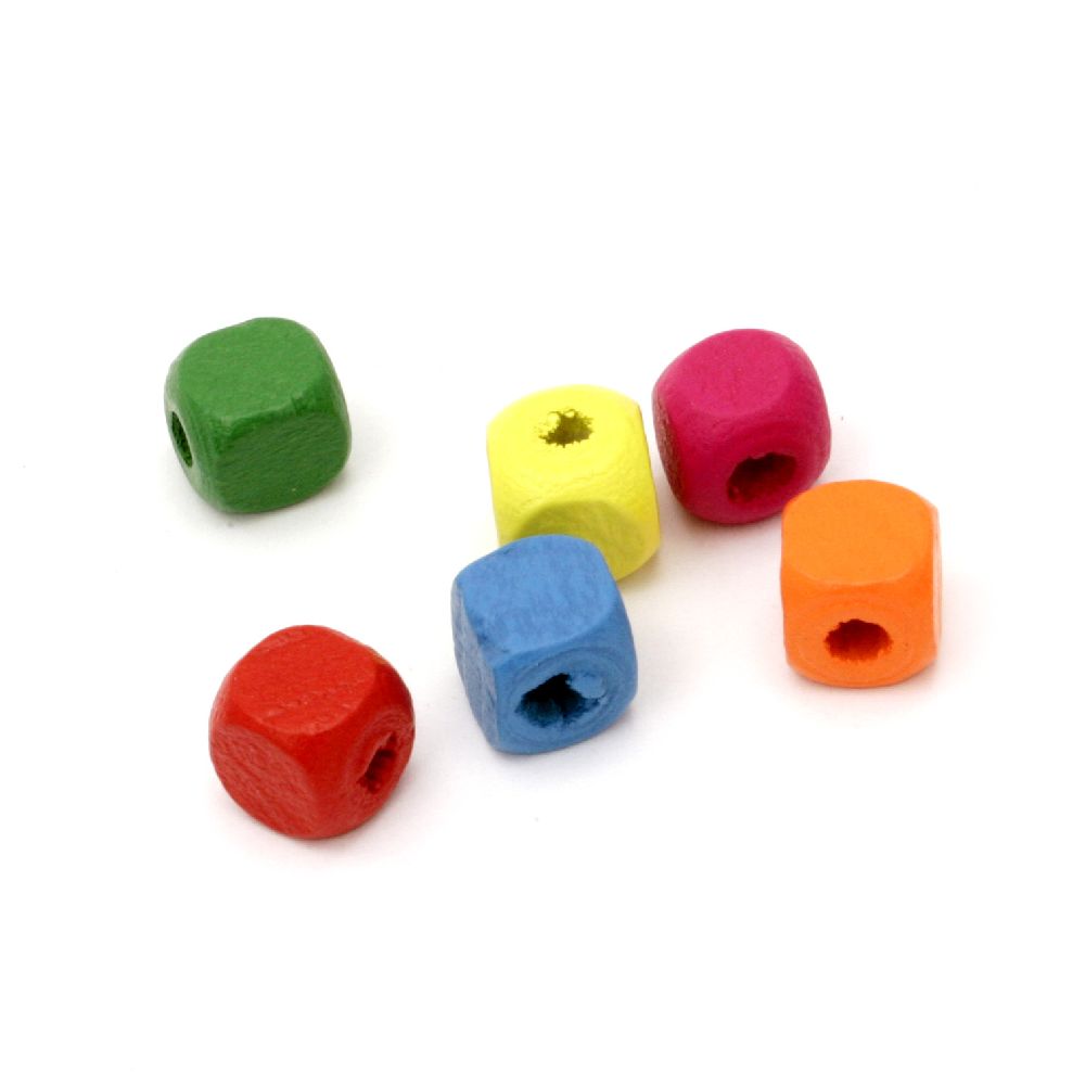 Wood Beads, Cube, Mixed Colors, 8mm, hole 2mm, 20 grams