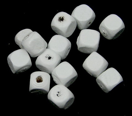 Wood Beads, Cube, White, 7mm, hole 1mm, 20 grams