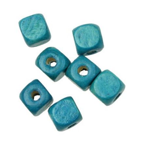 Wood Beads, Cube, Turquoise, 10mm, hole 3.5mm, 50 grams ~ 100 pcs
