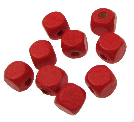 Wood Beads, Cube, Red, 7mm, hole 1mm, 50 grams
