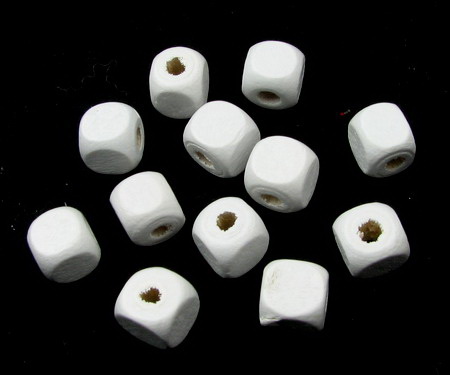 Wood Beads, Cube, White, 10mm, hole 1mm, 50 grams