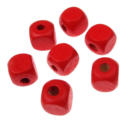 Wood Beads, Cube, Red, 10mm, hole 2mm, 50 grams