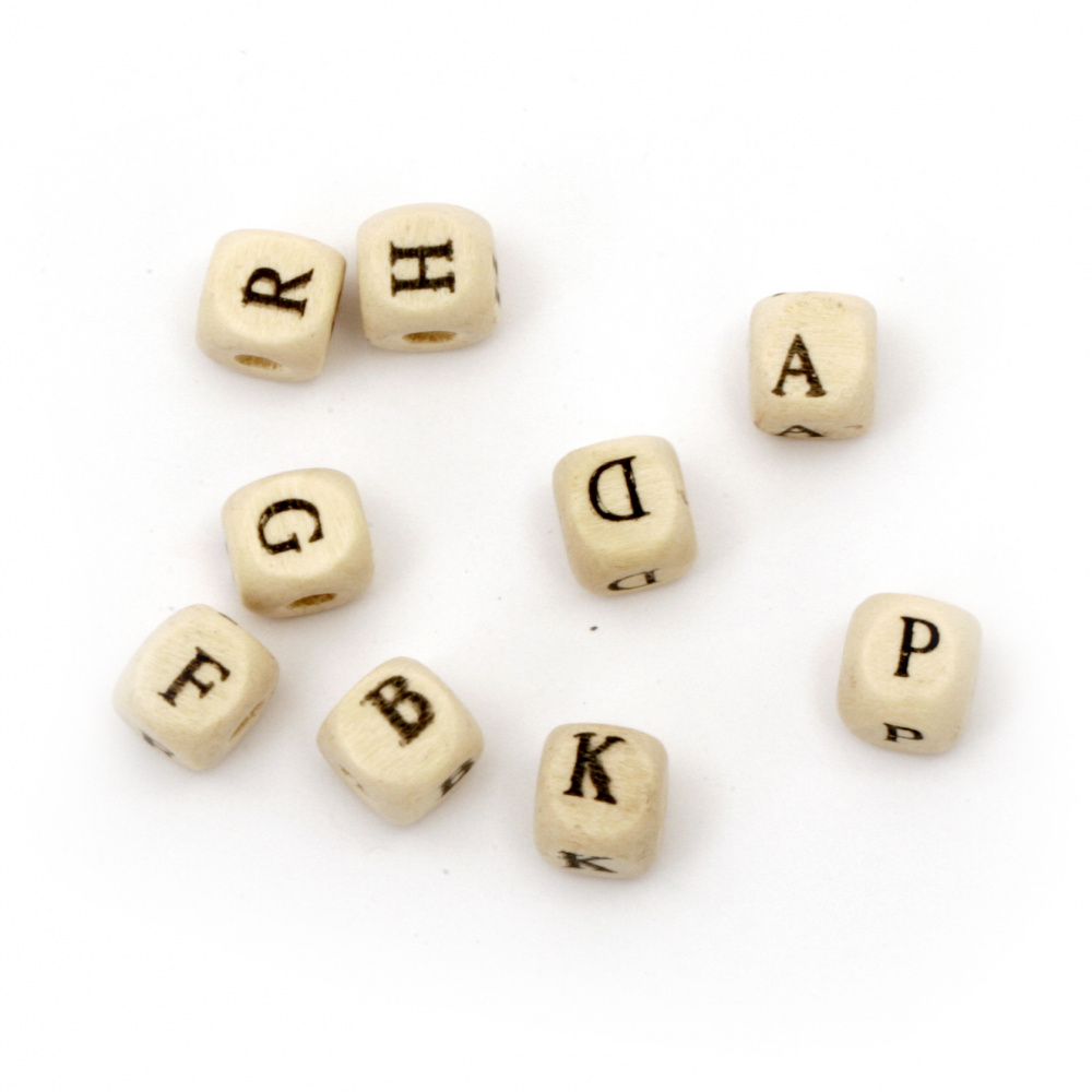 Bead wood cube with letters 8x8 mm hole 3 mm color wood -20 pieces