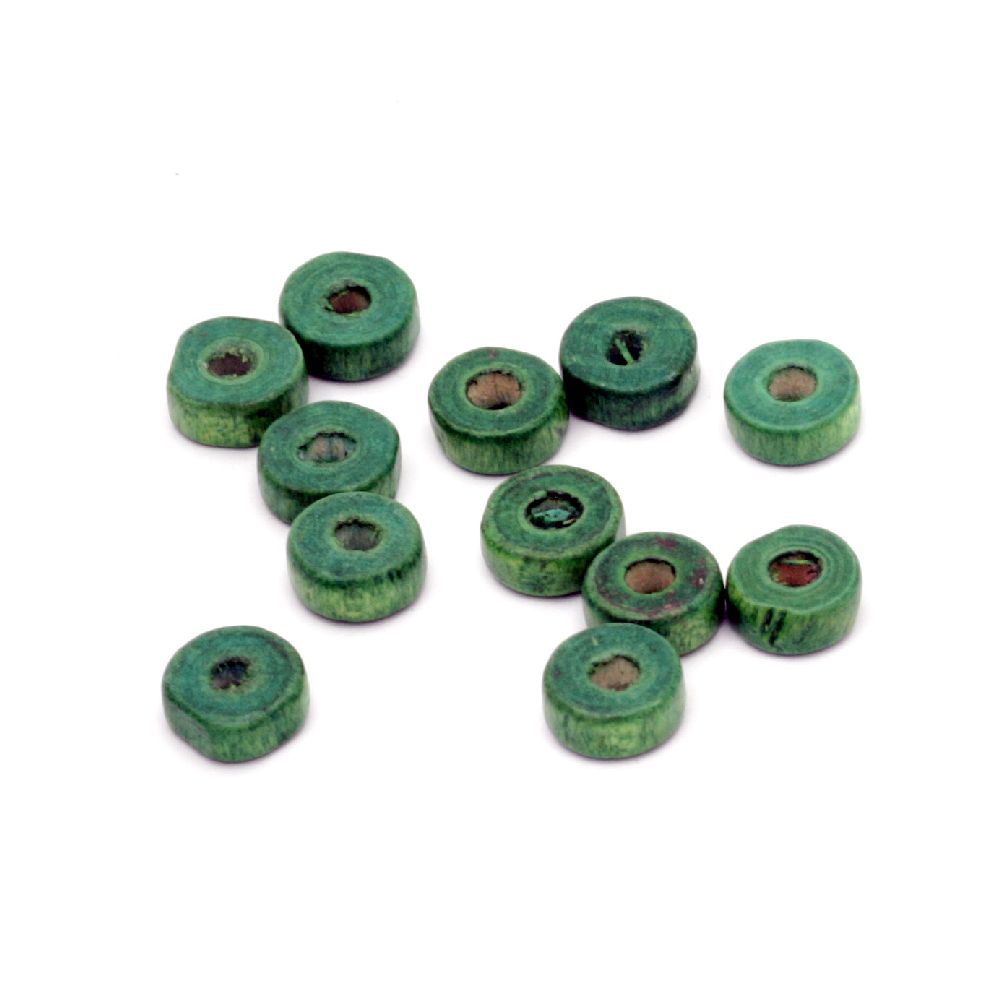 Wooden washer beads 8x3.5 mm hole 3 mm green - 50 grams ~ 520 pieces