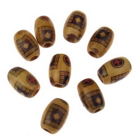 Wooden Beads, Oval with Printed Pattern 12x8mm, hole 3mm - 20g ~ 79pcs