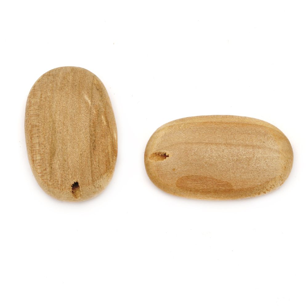 Wooden oval bead for decoration 40x24x9 mm hole 2.5 mm color wood - 2 pieces