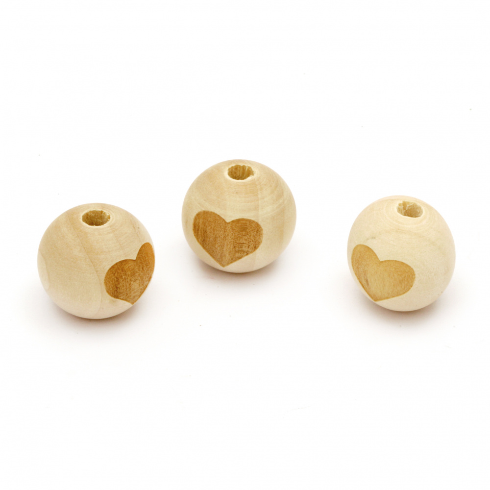 Wooden round bead for decoration with heart 19x20 mm hole 4 mm wood color - 5 pieces