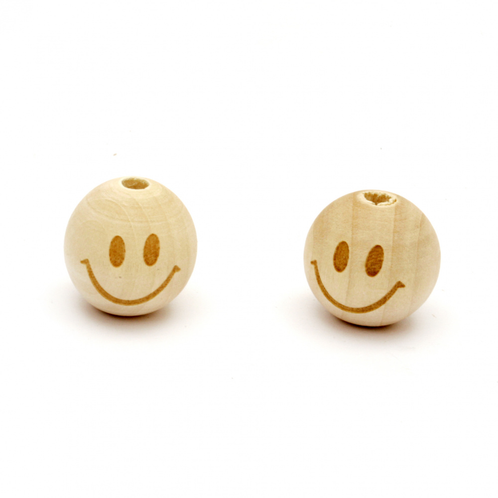 Natural Unfinished Wooden Round Face Beads, Doll Heads, Smile 19x20mm, Hole 4mm - 5 pieces