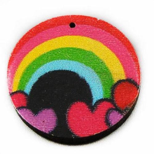 Wooden round pendant 25x4 mm hole 2 mm rainbow - 10 pieces