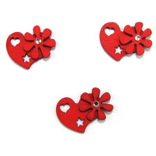 Wooden pendant heart with flower and crystal 26x30x2 mm red - 4 pieces