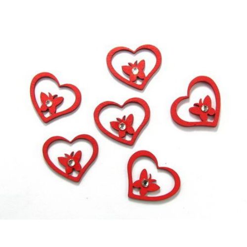 Pandantiv din lemn in forma  inimă  cu fluture și cristal 24x36x4 mm roșu -6 bucăți