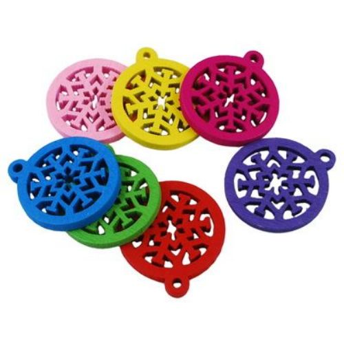 Wooden pendant, Circle 22x3 mm hole 2 mm snowflake colored - 10 pieces