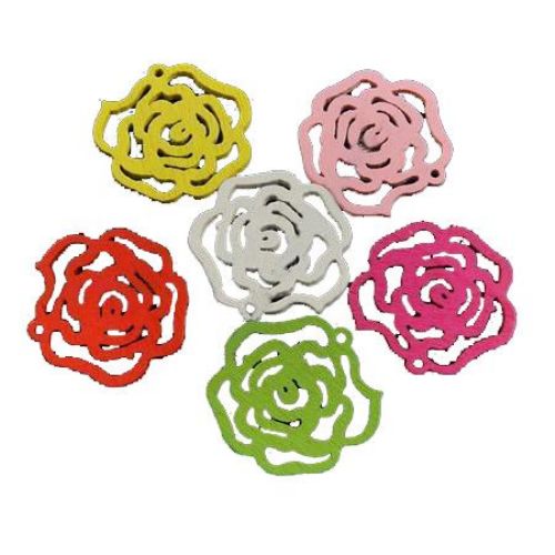 Wooden pendant, Rose 25x25x3 mm hole 1 mm colored - 10 pieces