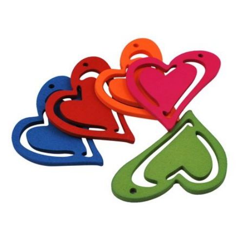 Wooden Pendant, Heart, Assorted colors 47x42x2.5 mm, hole 2 mm - 10 pieces