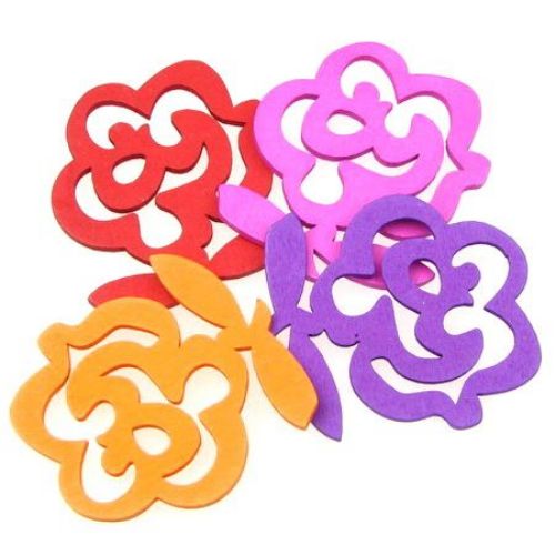 Openwork Wooden Pendant, Rose, Dyed, Assorted colors 45x50x2.5 mm - 10 pieces